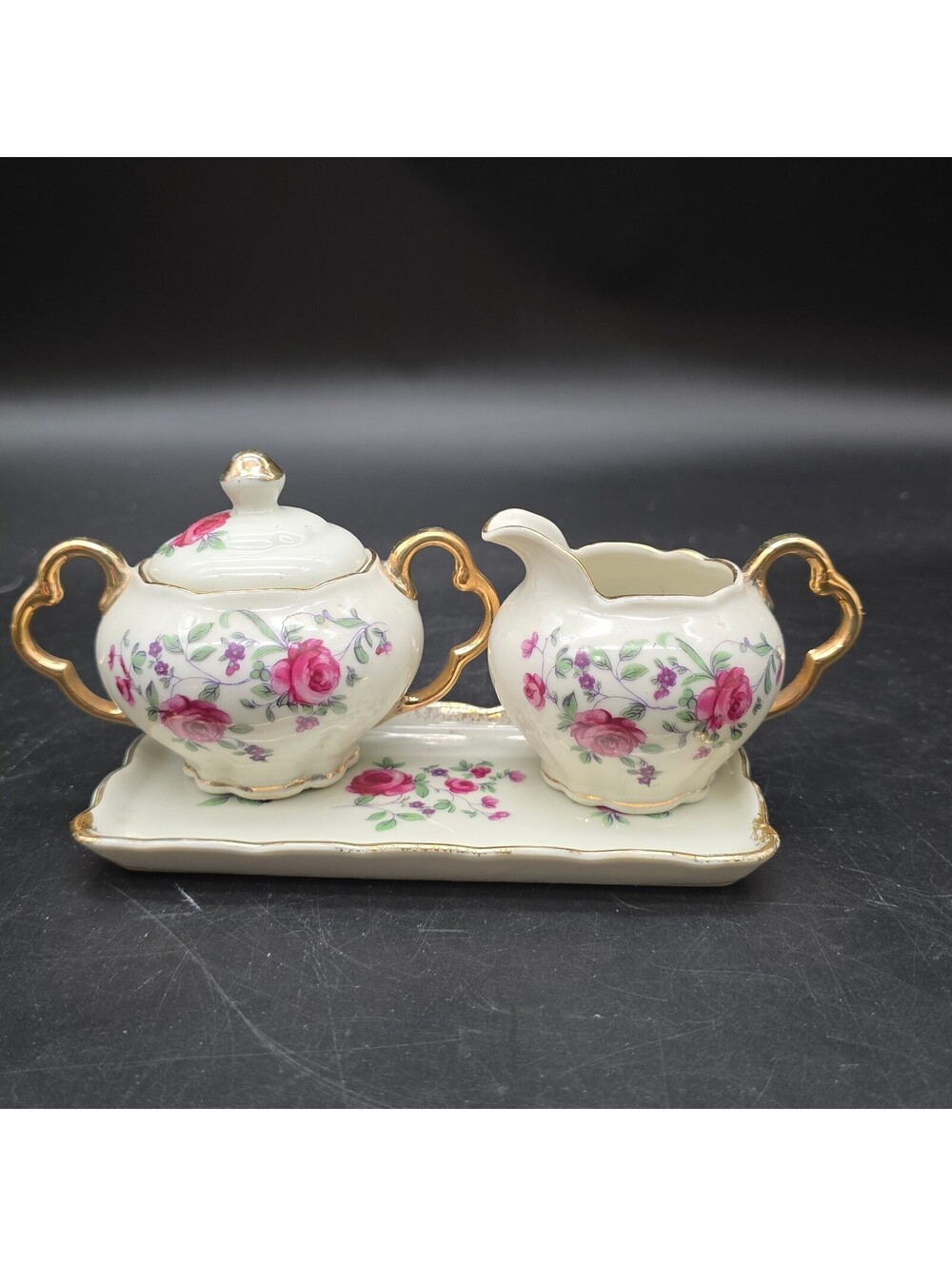 Vintage Moss Rose Porcelain Creamer Sugar Bowl & Tray Set 3-Piece Gold Trim